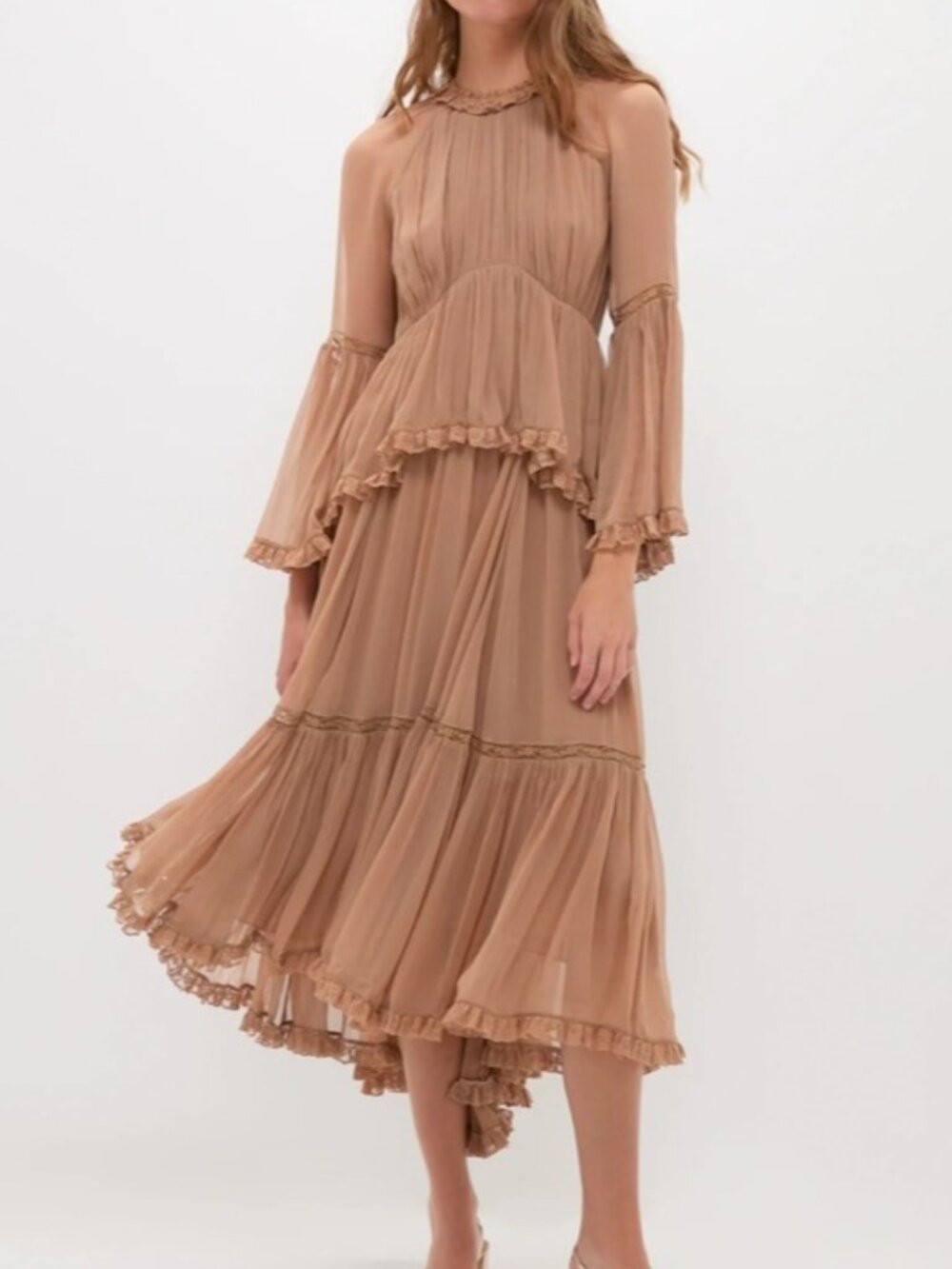 ZIMMERMAN Hypnotic Flutter Tiered Midi Dress in Biscuit